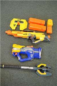 Lot 3 Nerf Toy Guns Blue FireFly REV 8 Stampede ECS Axe & Dart Clips 