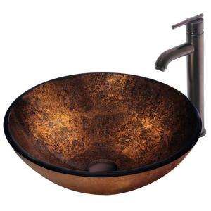 Vigo Russet Round Tempered Glass Vessel Sink and Faucet Set in Browns 