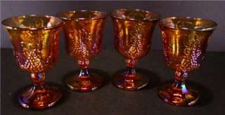 INDIANA HARVEST GRAPE AMBER GOLD CARNIVAL GLASS STEMMED FOOTED 