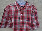 NWT $42. MENS CHAPS S/S RED.BROWN PLAID CASUAL SHIRT EASY CARE BUTTON 