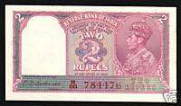 INDIA 2 RUPEES P17 1943 GB UK BRITISH KING GEORGE VI RED SERIAL # UNC 