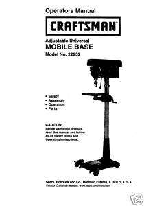Craftsman DRILL PRESS Mobile Base Manual Model 22252  