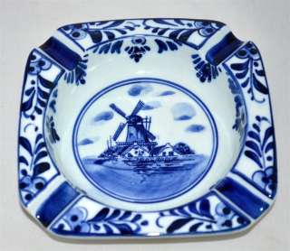   Windmill Blue White Hand Painted Ash Tray 673 w/ Crown MINT  