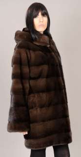 Hooded Demi Buff brown natural mink fur coat jacket with pelts across 
