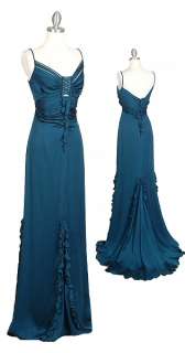 BADGLEY MISCHKA COUTURE Teal Ruffle Silk Gown Dress 8  