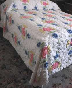 Vintage Chenille Bedspread Blue Lollipop White Green YL Pink Curly Q 
