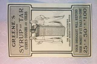 GREENES SYRUP OF TAR MEDICINE BOTTLE OLD 1902 AD  