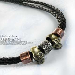 New Men Skull Braided Twist Rop Black leather necklace  