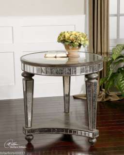 Hollywood Regency ROUND MIRRORED ACCENT End TABLE Antiqued WOOD Mirror 