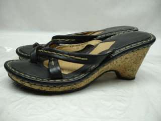 Womens Born Drilles Black Leather Cork Sandals Wedge shoes sz 8 39 