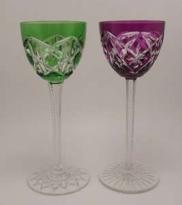 Cut to Clear Wine Hock Goblets~Crystal~Purple and Green {w5 
