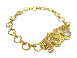 Antique Gold Crown & Crystal Heart Link Bracelet 7  