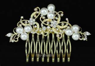 Wedding White Faux Pearl Gold Plated Hair Comb T1368  