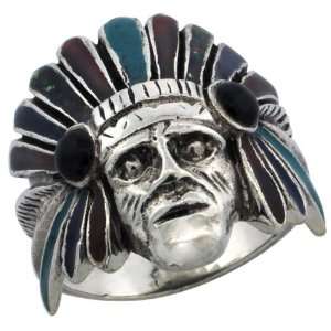 Sterling Silver Indian Chief Ring w/ Colored Enamel War Bonnet, 1 in 