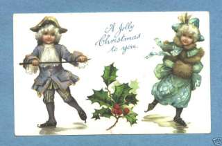 B4417 Christmas postcard, Victorian Ice Skaters, Holly  