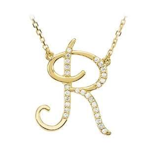   Script Initial Necklace in 14 Karat Yellow Gold, Letter R Jewelry