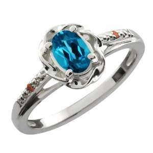   Oval London Blue Topaz Cognac Red Diamond 10K White Gold Ring Jewelry