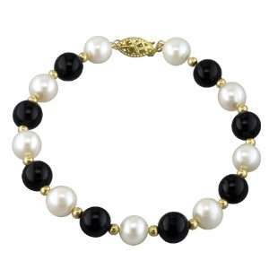   Pearl, 8mm Black Onyx, and 14K Yellow Gold Bead Bracelet Pearlzzz