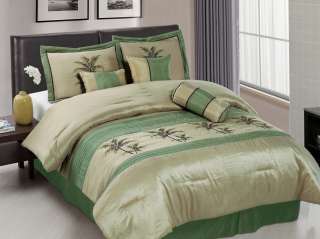 7pcs Sage Green Embroidery Palm Tree Comforter Set Bed in a Bag, King 