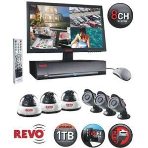 REVO 8 channel Surveillance System w/1TB DVR, LED Monitor, 6 