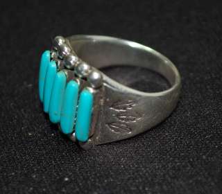 925 Sterling Silver Stamped Leaves and 5 Turquoise Stones Ring Size 7 