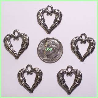 ANGEL WING HEART ~Antique Pewter Charms #215 2  