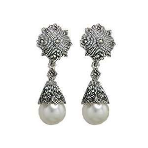  Vintage Pearl & Marcasite Sterling Silver Dangle Earrings 