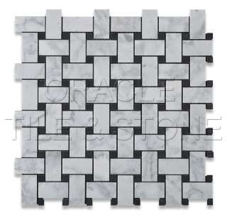   white marble honed basket weave mosaic tile w black dots on mesh