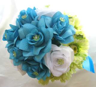 Wedding Bouquet Silk Bridal flower TURQUOISE YELLOW DAISY 10pc  