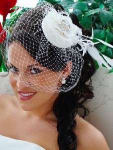 Bridal Feather Hat and Bird Cage Veil White Or Ivory  
