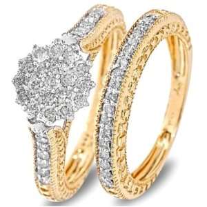  Diamond Womens Bridal Wedding Ring Set 14K Yellow Gold   Two Rings 
