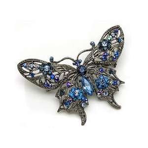    Blue Austrian Rhinestone Butterfly Silver Tone Brooch Pin Jewelry