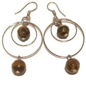   Eye Earrings 15 Silver Hoops Faceted Golden Brown Stone 2.1 Jewelry