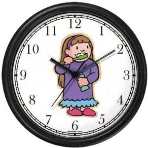 Little Girl Brushing Teeth Wall Clock by WatchBuddy Timepieces (Black 