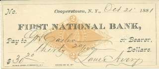 1881 First National Bank Coopertown NY Check  