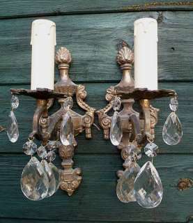 FOUR Vintage Brass Wall Lights with Crystal Droplets  