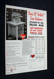 DELTA TOOLS 40 B 40B Radial arm saw 1952 print Ad  
