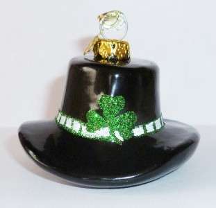   Irish Derby Hat Glitter Shamrock Feather Tree Glass Ornament  