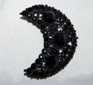 Vtg Hollycraft Black Glass Crescent Pin & Hoop Earrings  