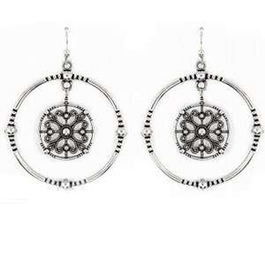 Sterling Silver Double Circle Antique Design Dangling Earrings (Nickel 
