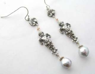 Silver Vintage French Angel & Shell w/ Pearl Earrings  
