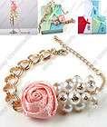 Girl Lady Pink Rose Flower Beads Gold tone Bracelet Free Xmas Jewelry 