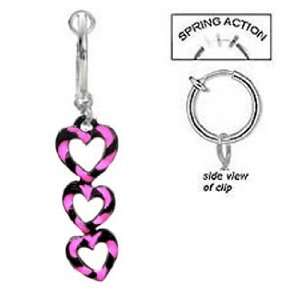 Fake Belly Navel Non Clip on 3 Hot Pink and Black Swirl Hearts dangle 