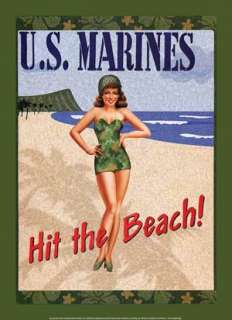 US Marines Metal Sign Pin Up Girl Poster Hit The Beach  