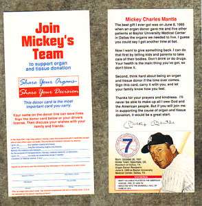 MICKEY MANTLE Organ Donor card   Join Mickeys Team  