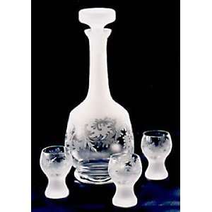 Czech Art Glass hand etched DECANTER SET, Carafe and 6 glasses, Waves 