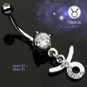Belly Ring with Dangling Zodiac Cubic Zirconia Taurus   Apr.21 thru 
