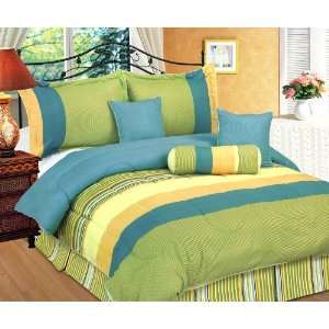 7Pcs Queen Blue and Green Stripes Bedding Comforter Set  