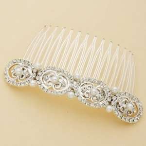  Silver Filigree Crystal and White Pearls Hair Comb Beauty