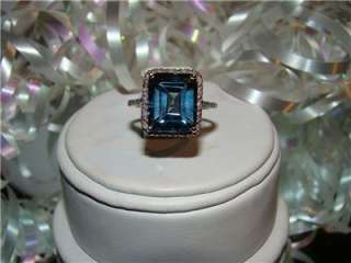   YG Emerald Cut Large London Blue Topaz Diamonds Ring, Size 7  
